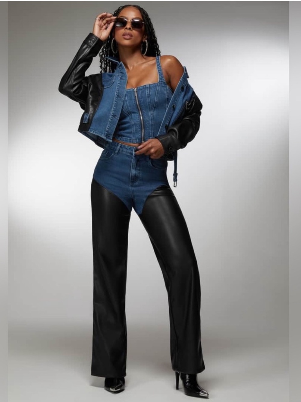 Bebe x Ciara Colorblock Vegan Leather Combo Wide Leg Jeans Sz. 25 High Rise Y2K